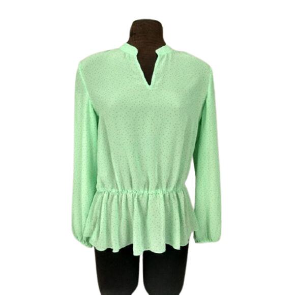 Francesca’s Collection Polka Dot Peplum Green Blouse Size Large - Picture 9 of 10